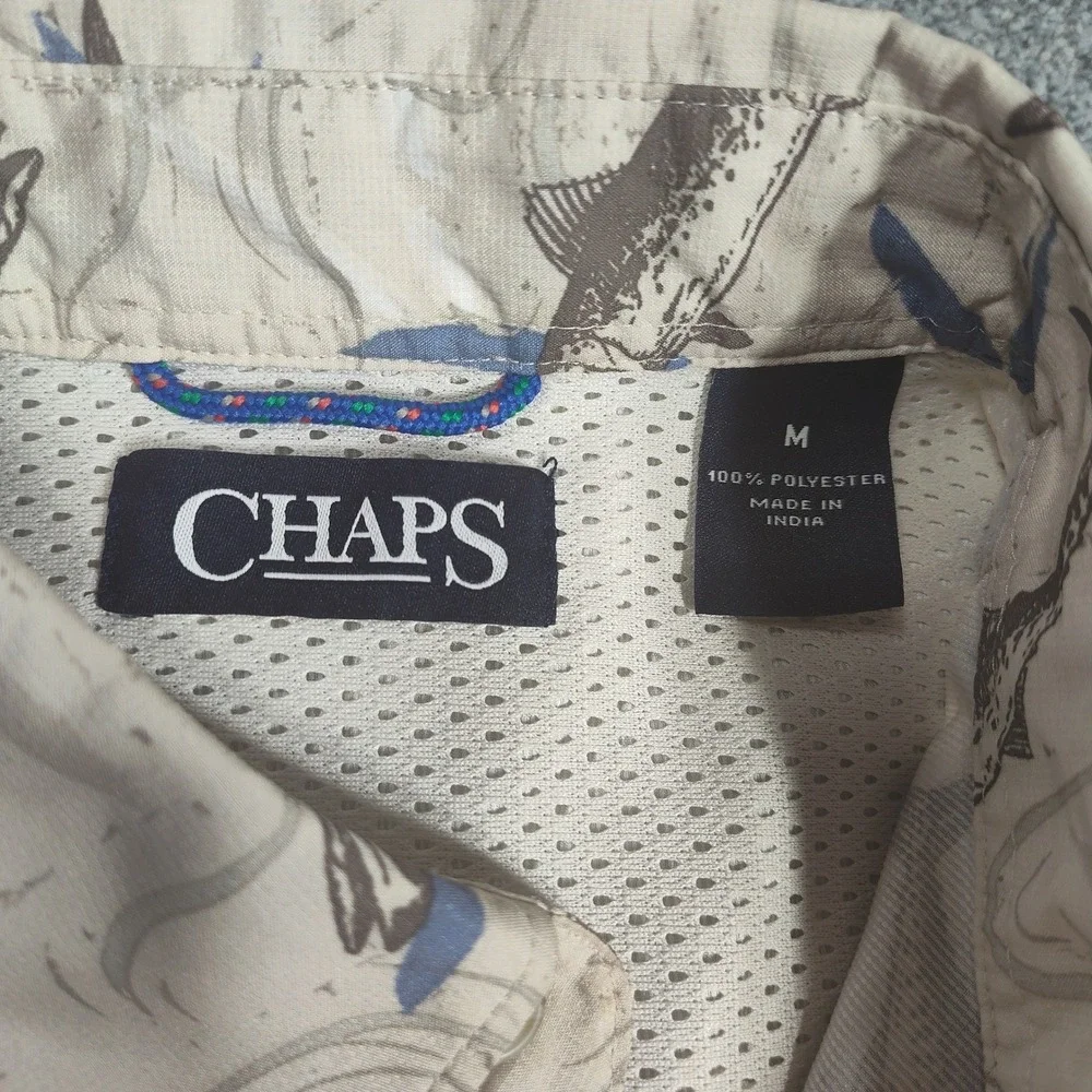 Chaps Shirt Mens M Beige Fish Print Short Sleeve Button  Casual Fishing Outdoor